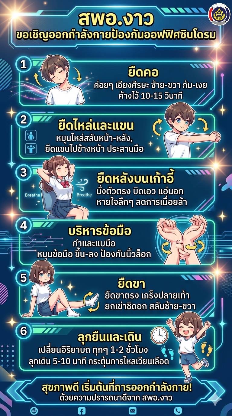 พช.งาว : ประชาสัมพันธ์โครงการพัฒนาชุมชนลำปางใสสะอาด ประจำปีงบประมาณ พ.ศ.2569 มิติที่ 4 การเสริมสร้างองค์กรคุณธรรม กิจกรรมออกกำลังกายป้องกันออฟฟิคซินโดรม (Office Syndrome)