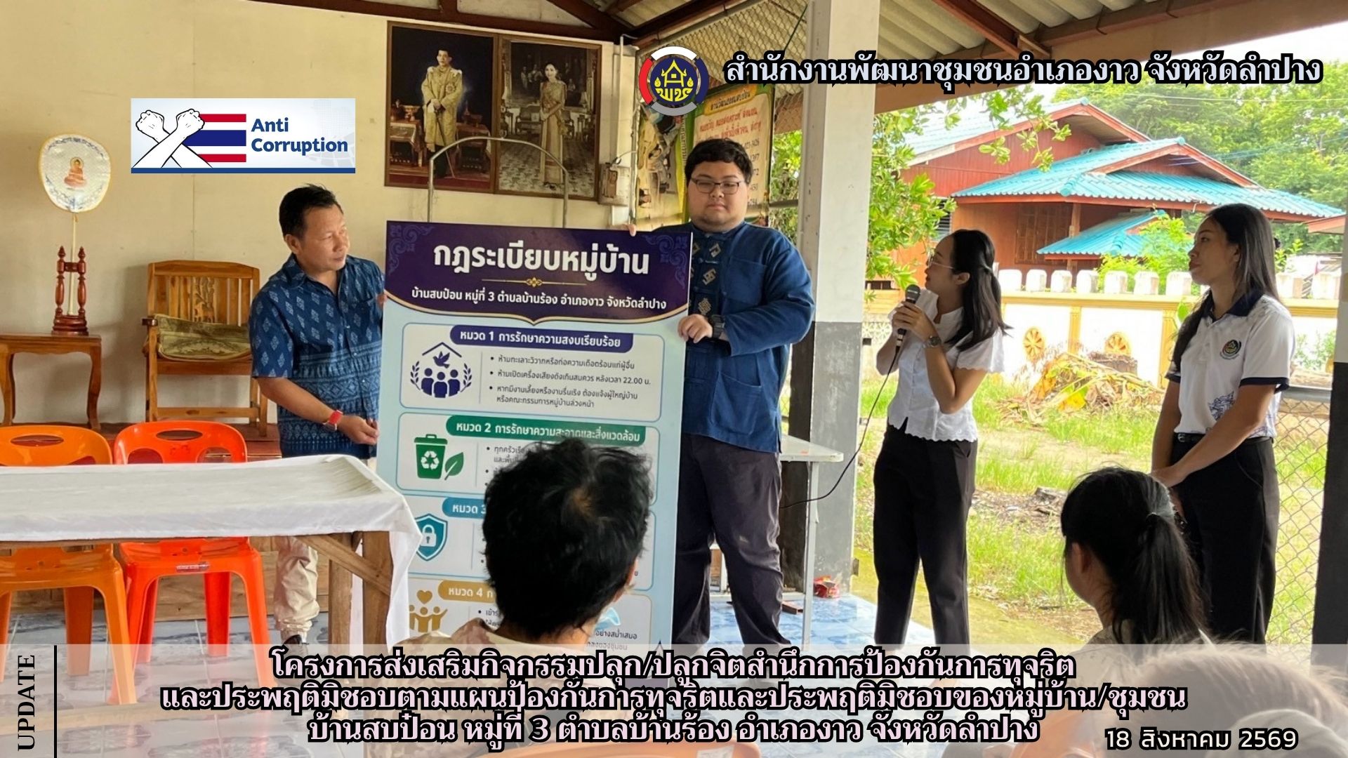 โครงการส่งเสริมกิจกรรมปลุก/ปลูกจิตสำนึกการป้องกันการทุจริตและประพฤติมิชอบตามแผนป้องกันการทุจริตและประพฤติมิชอบของหมู่บ้าน/ชุมชน